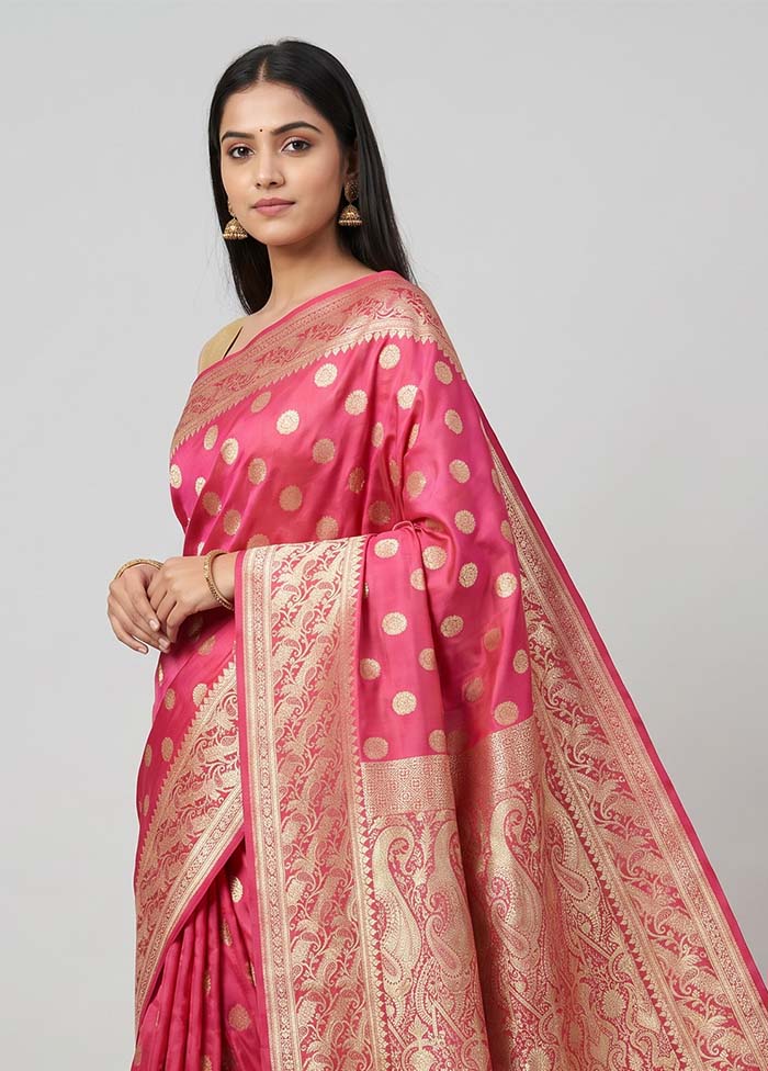 Pink Handloom Banarasi Pure Silk Saree With Blouse Piece