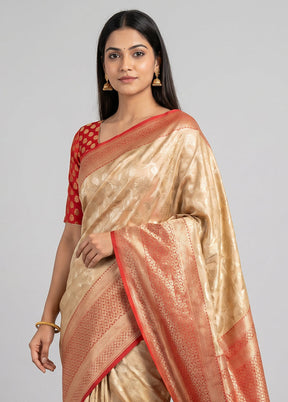 Cream Handloom Uppada Pure Silk Saree With Blouse Piece
