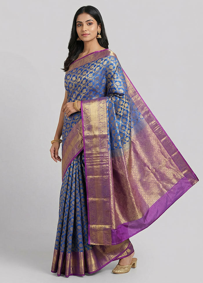 Blue Handloom Kanchipuram Pure Silk Saree With Blouse Piece