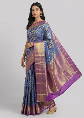 Blue Handloom Kanchipuram Pure Silk Saree With Blouse Piece