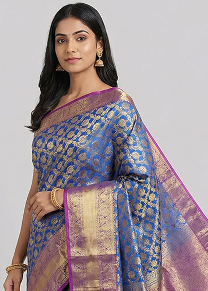 Blue Handloom Kanchipuram Pure Silk Saree With Blouse Piece