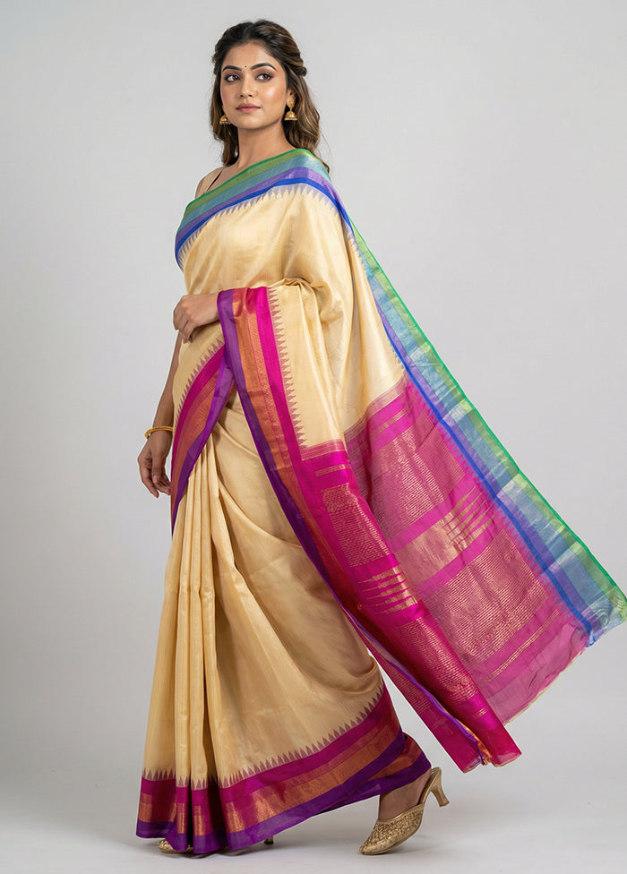 Cream Handloom Kanjivaram Pure Silk Saree With Blouse Piece