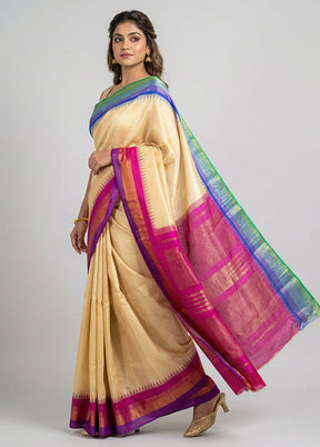 Cream Handloom Kanjivaram Pure Silk Saree With Blouse Piece