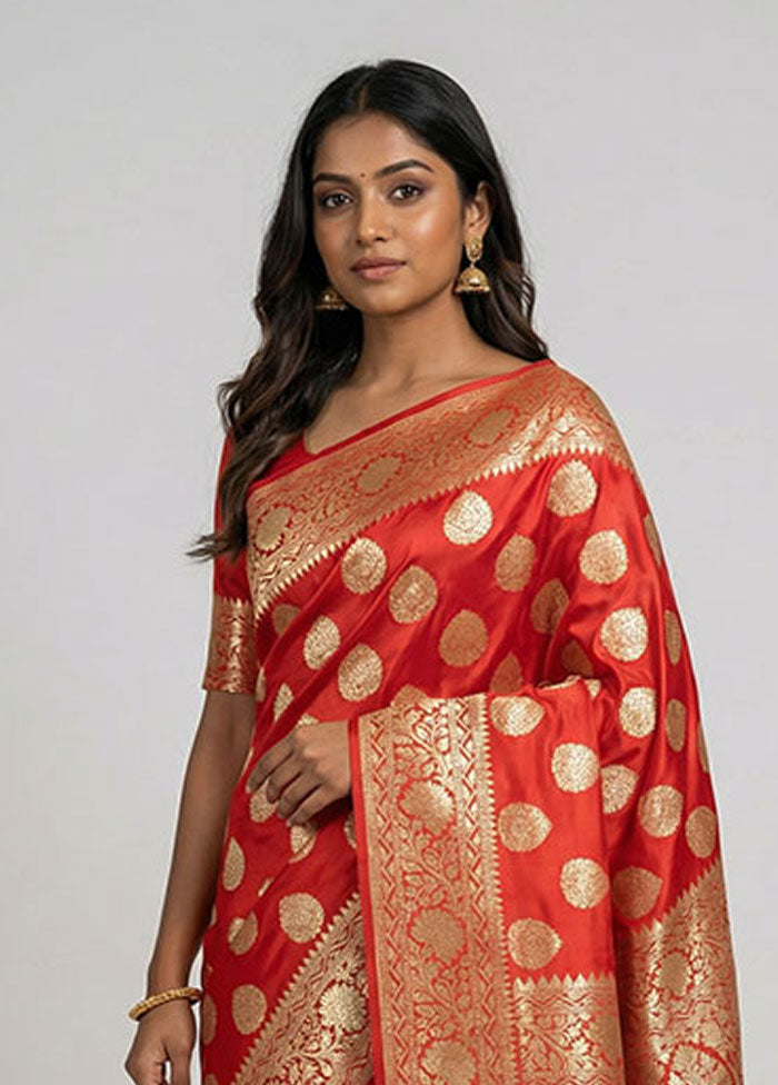 Red Banarasi Silk Saree With Blouse Piece
