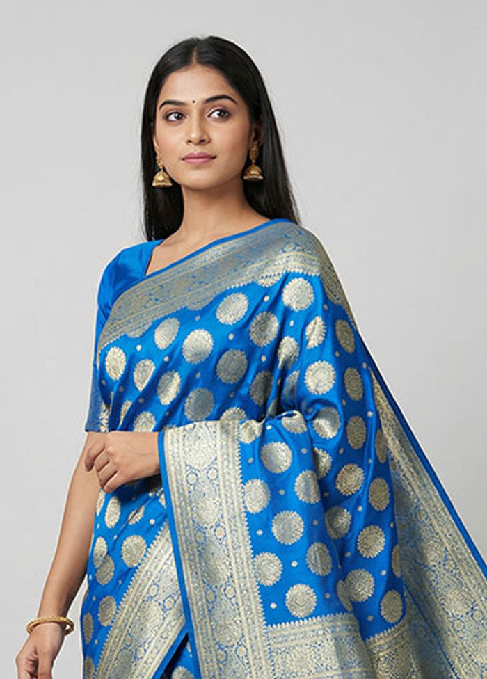 Blue Banarasi Silk Saree With Blouse Piece