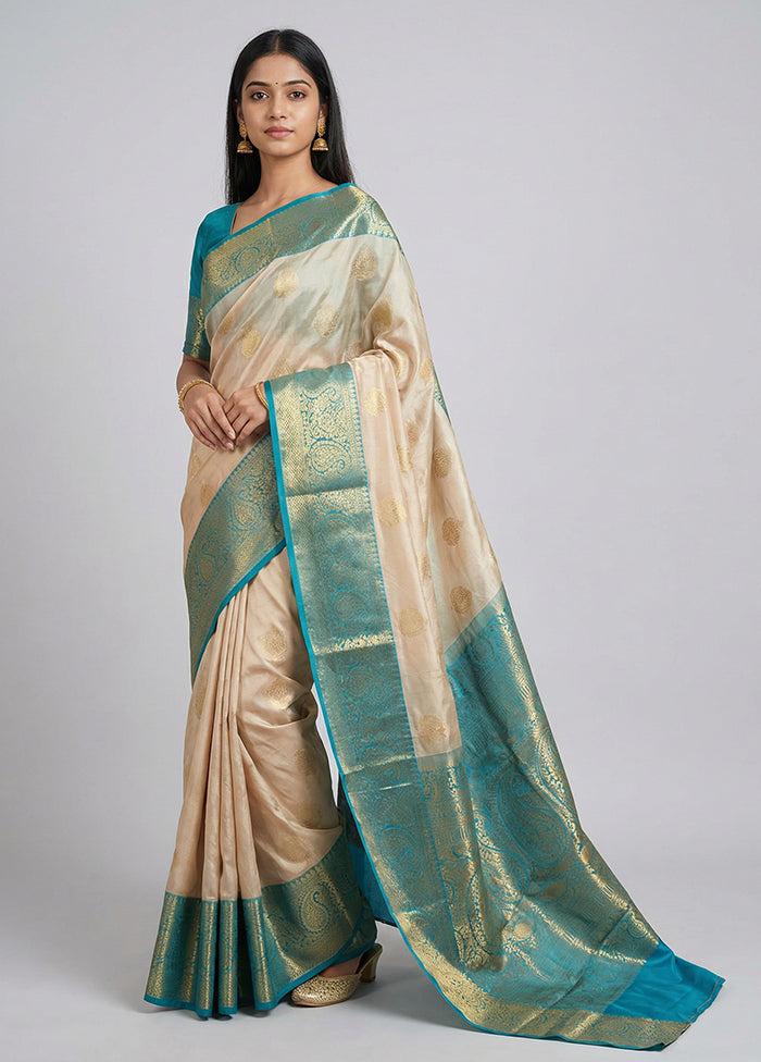 Cream Handloom Kanchipuram Pure Silk Saree With Blouse Piece