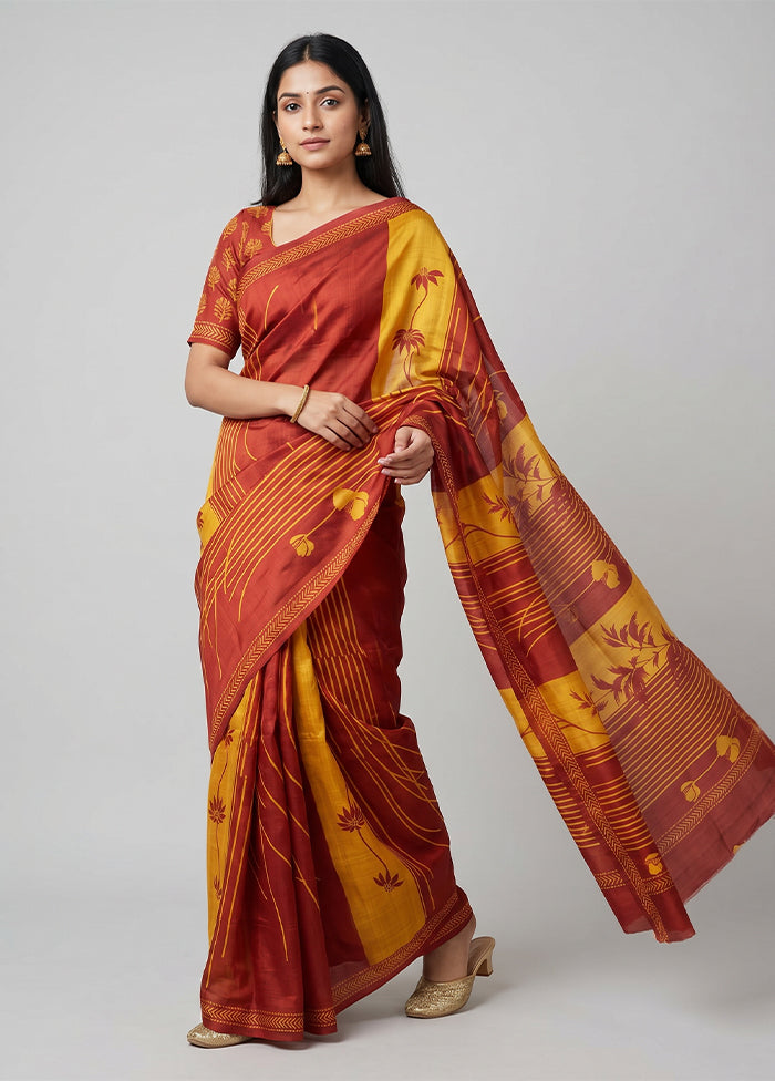 Cream Printed Silk Saree Without Blouse Piece