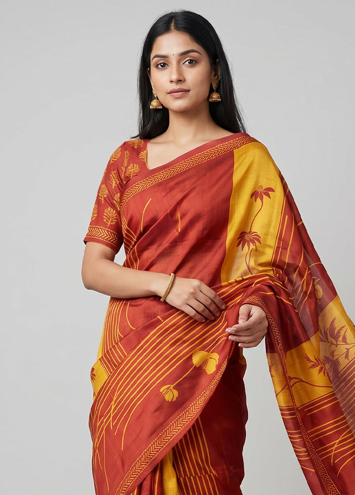 Cream Printed Silk Saree Without Blouse Piece