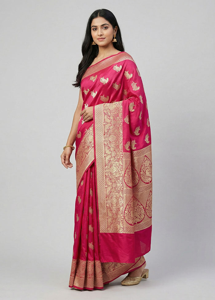 Pink Banarasi Silk Saree With Blouse Piece