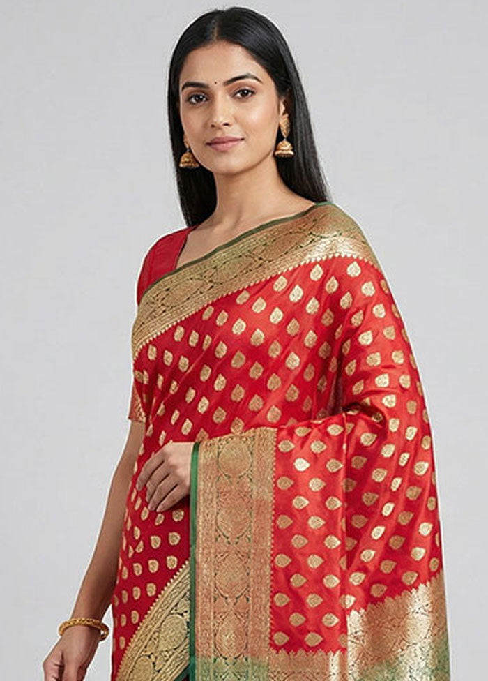 Red Banarasi Silk Saree With Blouse Piece