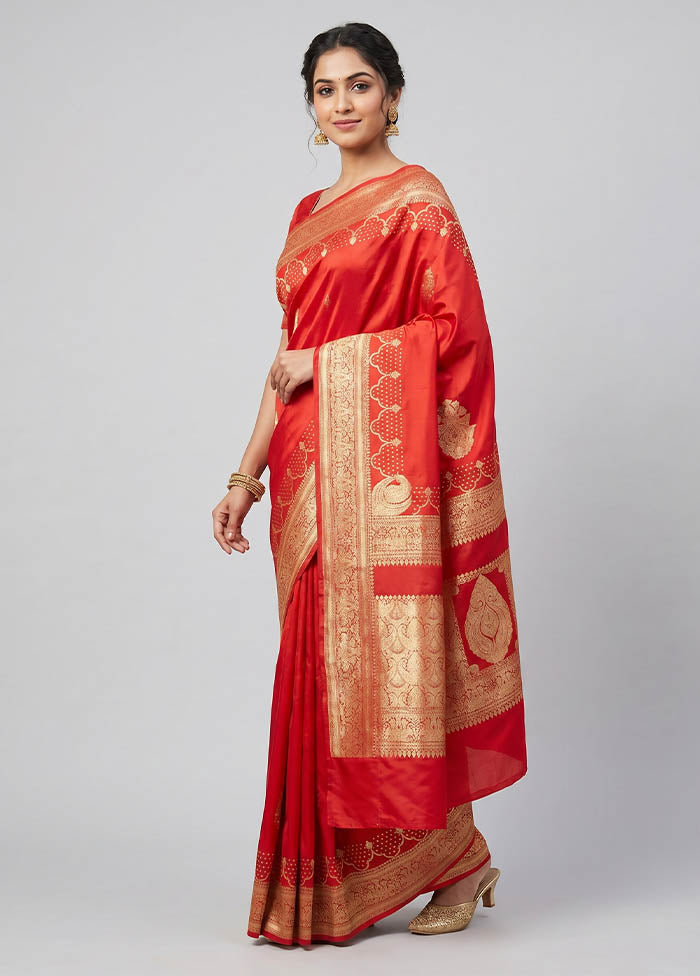 Red Banarasi Silk Saree With Blouse Piece