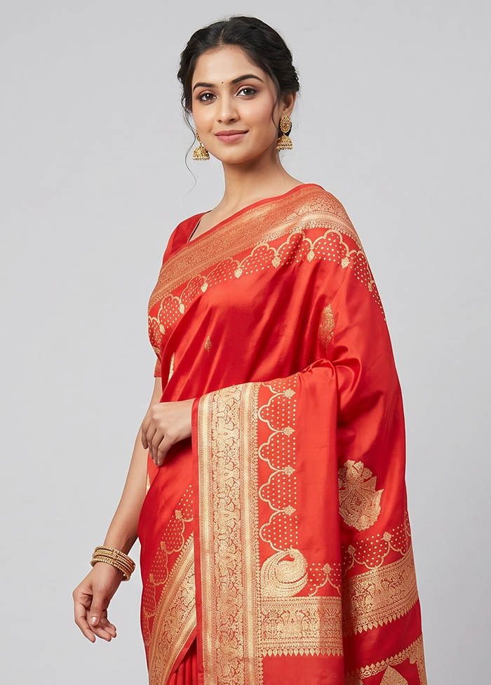 Red Banarasi Silk Saree With Blouse Piece