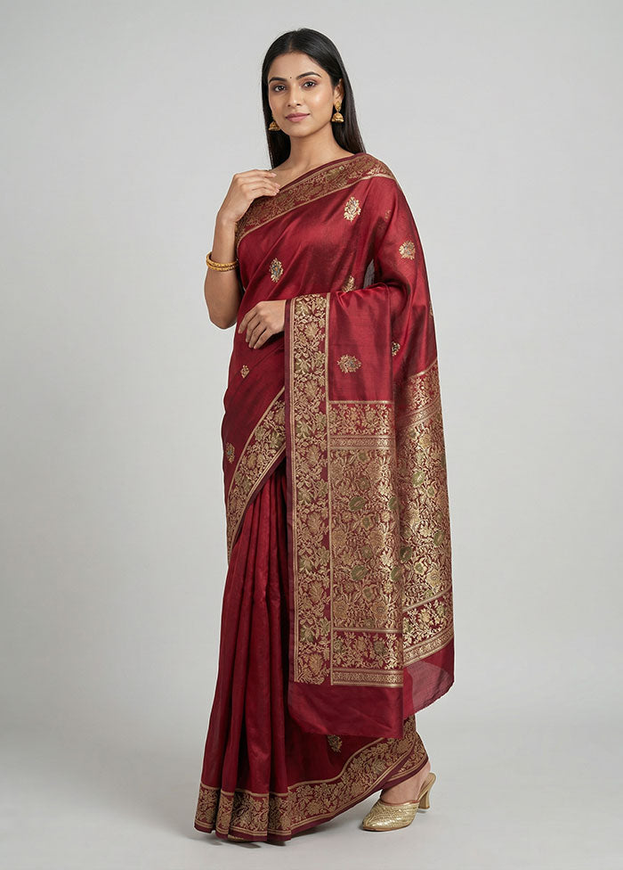 Maroon Handloom Banarasi Pure Silk Saree With Blouse Piece