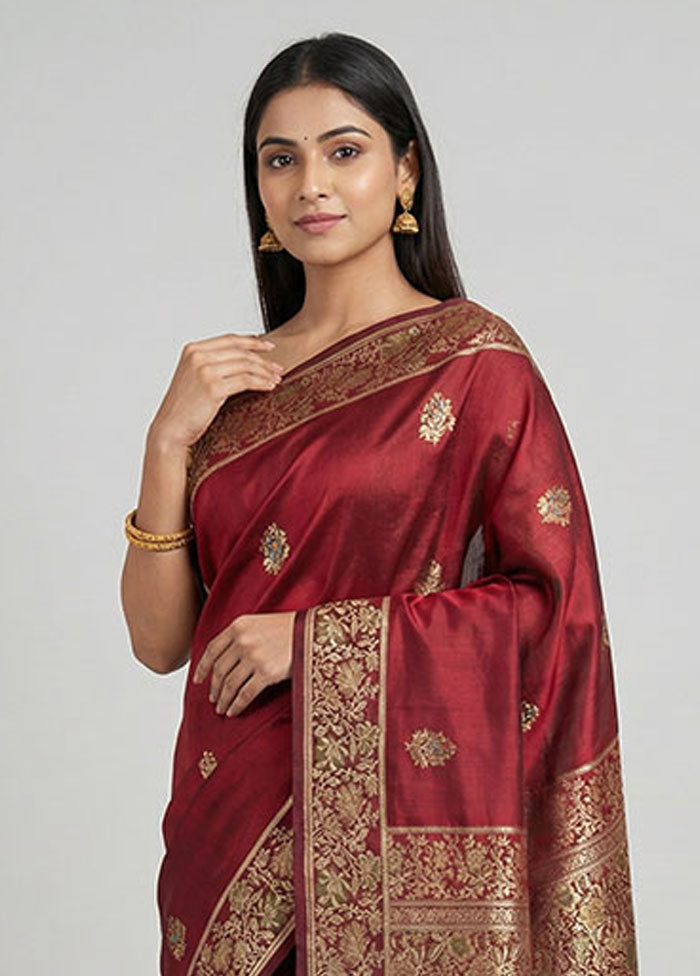 Maroon Handloom Banarasi Pure Silk Saree With Blouse Piece