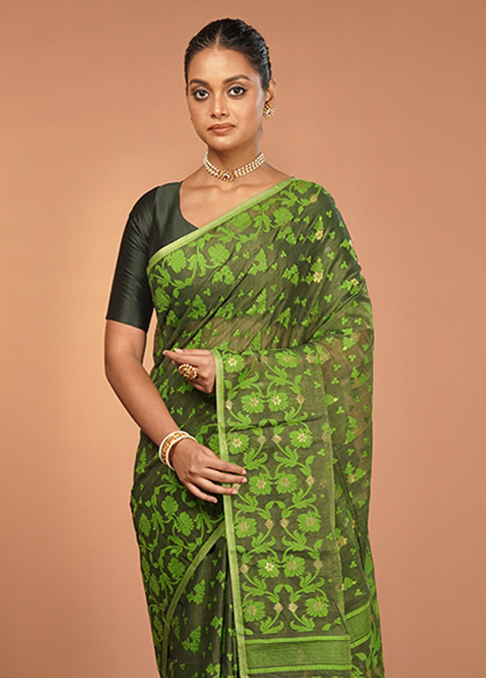 Green Jamdani Cotton Saree Without Blouse Piece