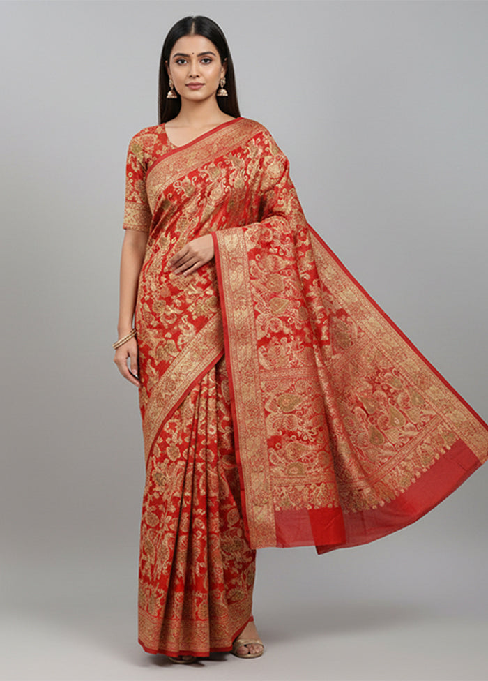 Red Handloom Banarasi Pure Silk Saree With Blouse Piece