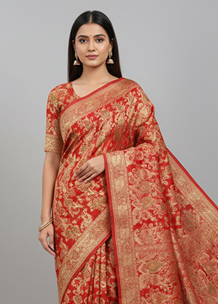 Red Handloom Banarasi Pure Silk Saree With Blouse Piece