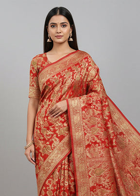 Red Handloom Banarasi Pure Silk Saree With Blouse Piece