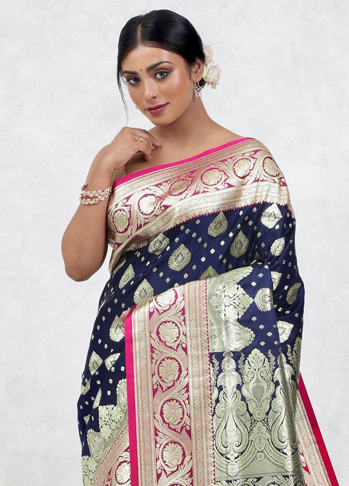 Blue Banarasi Silk Saree With Blouse Piece