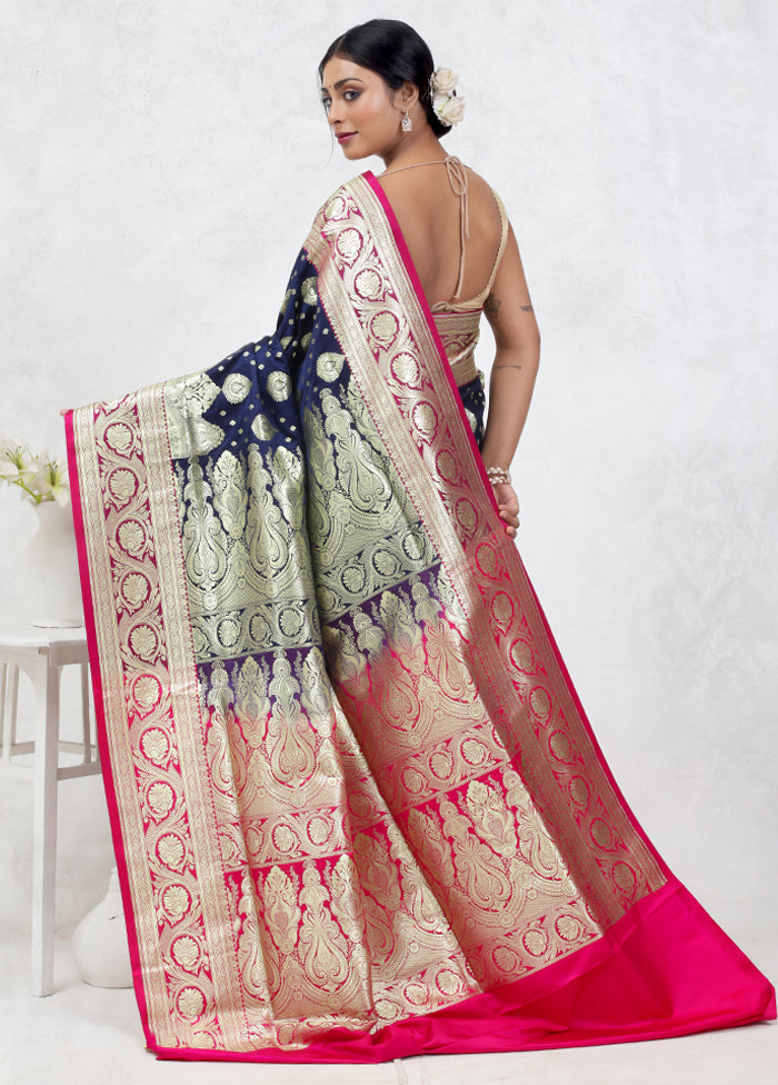 Blue Banarasi Silk Saree With Blouse Piece