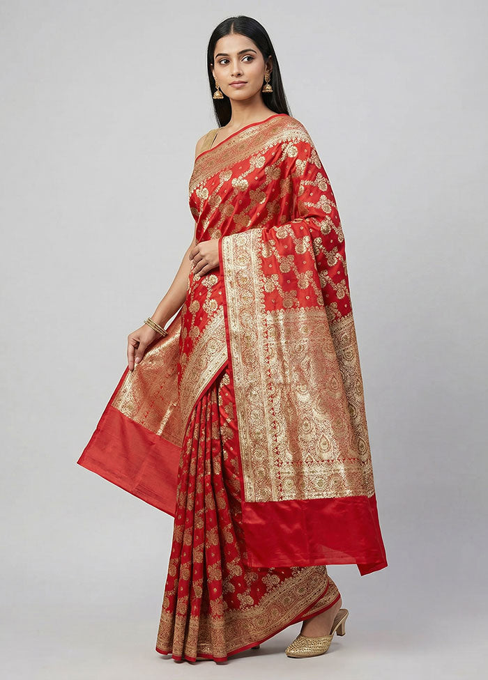Red Banarasi Silk Saree With Blouse Piece