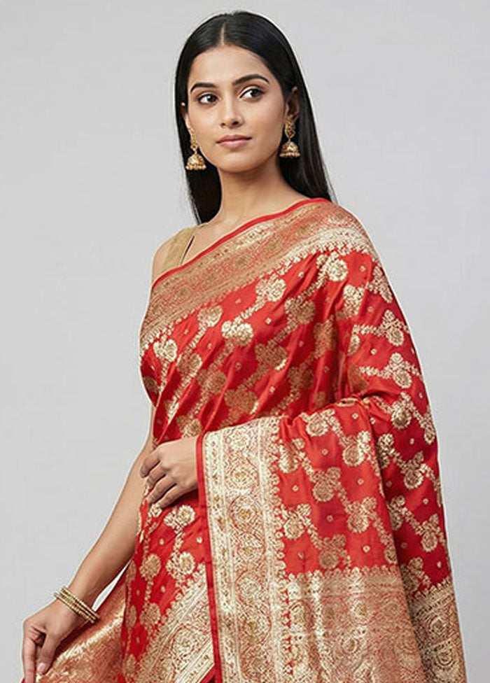 Red Banarasi Silk Saree With Blouse Piece