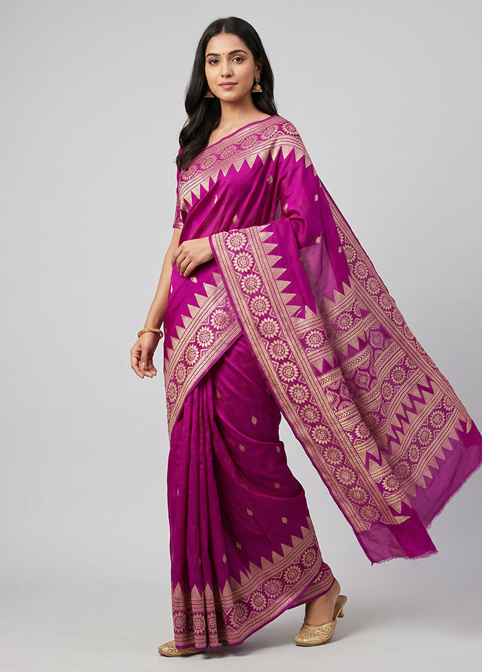 Purple Handloom Kantha Stitch Pure Silk Saree With Blouse Piece