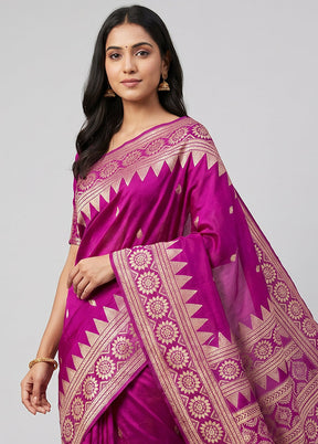 Purple Handloom Kantha Stitch Pure Silk Saree With Blouse Piece