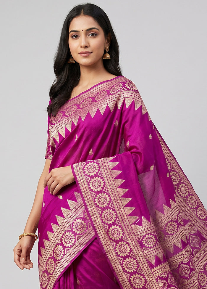 Purple Handloom Kantha Stitch Pure Silk Saree With Blouse Piece