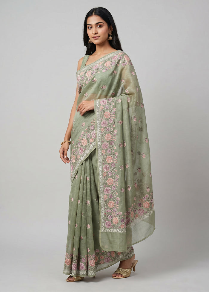 Green Handloom Pure Organza Saree With Blouse Piece