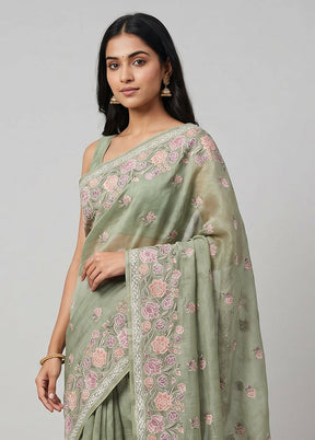 Green Handloom Pure Organza Saree With Blouse Piece