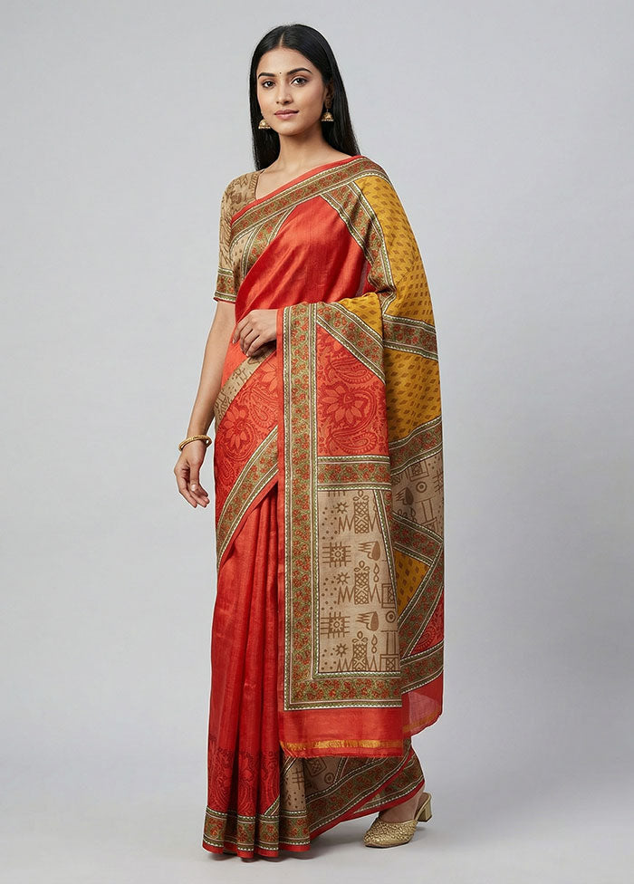 Cream Printed Silk Saree Without Blouse Piece