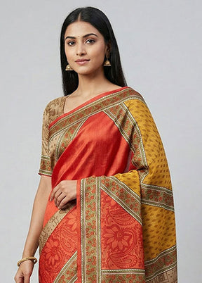 Cream Printed Silk Saree Without Blouse Piece
