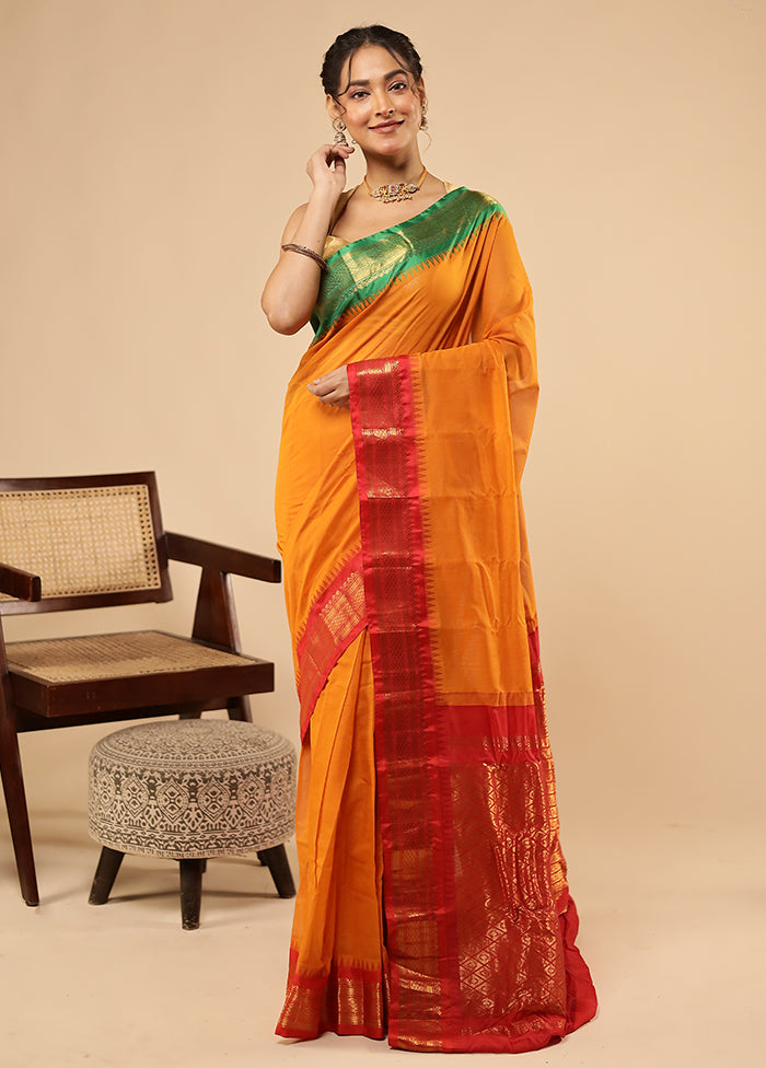 Yellow Gadwal Silk Saree Without Blouse Piece