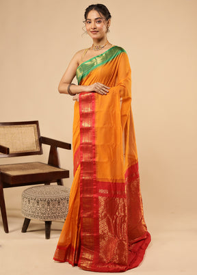 Yellow Gadwal Silk Saree Without Blouse Piece