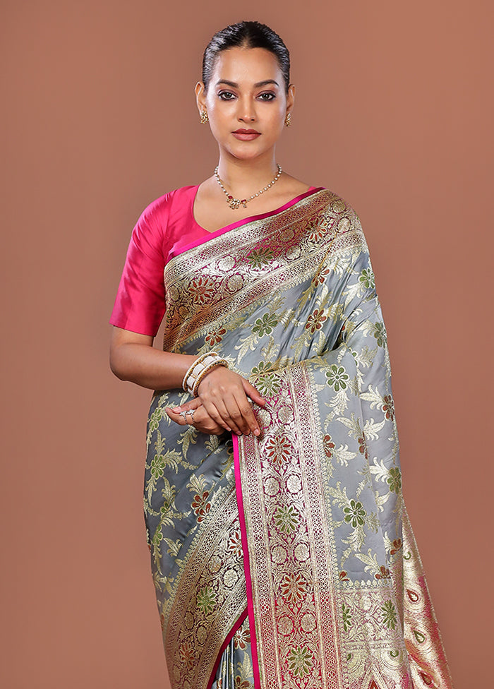 Grey Banarasi Silk Saree With Blouse Piece