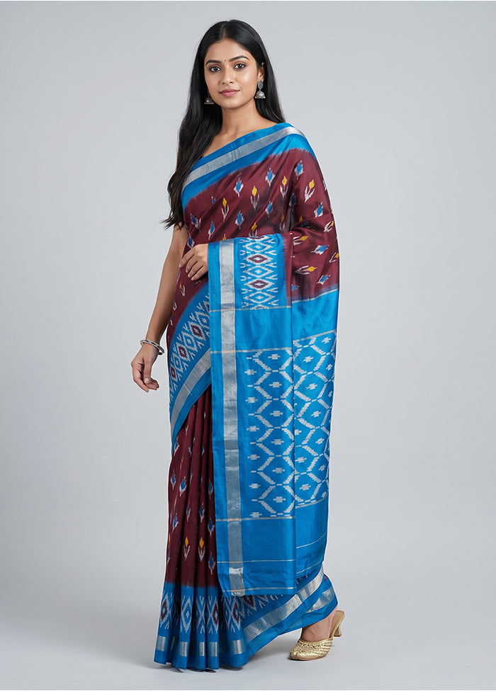 Maroon Handloom Ikkat Pure Silk Saree With Blouse Piece