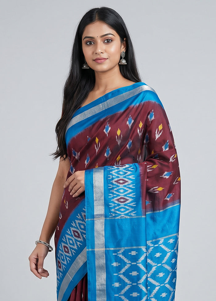 Maroon Handloom Ikkat Pure Silk Saree With Blouse Piece