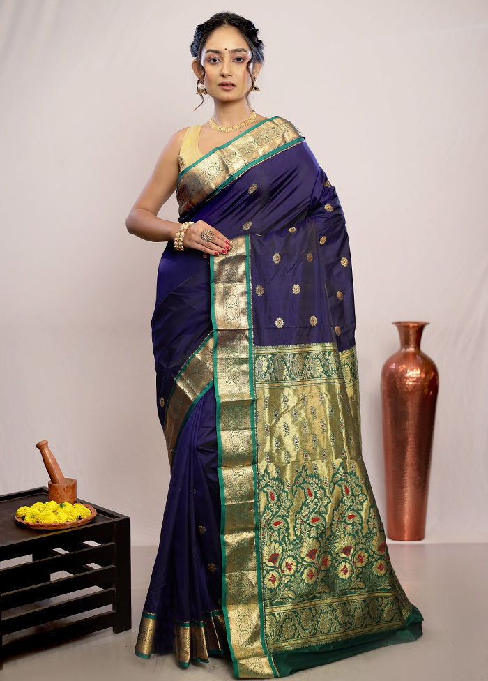 Blue Kanjivaram Silk Saree With Blouse Piece