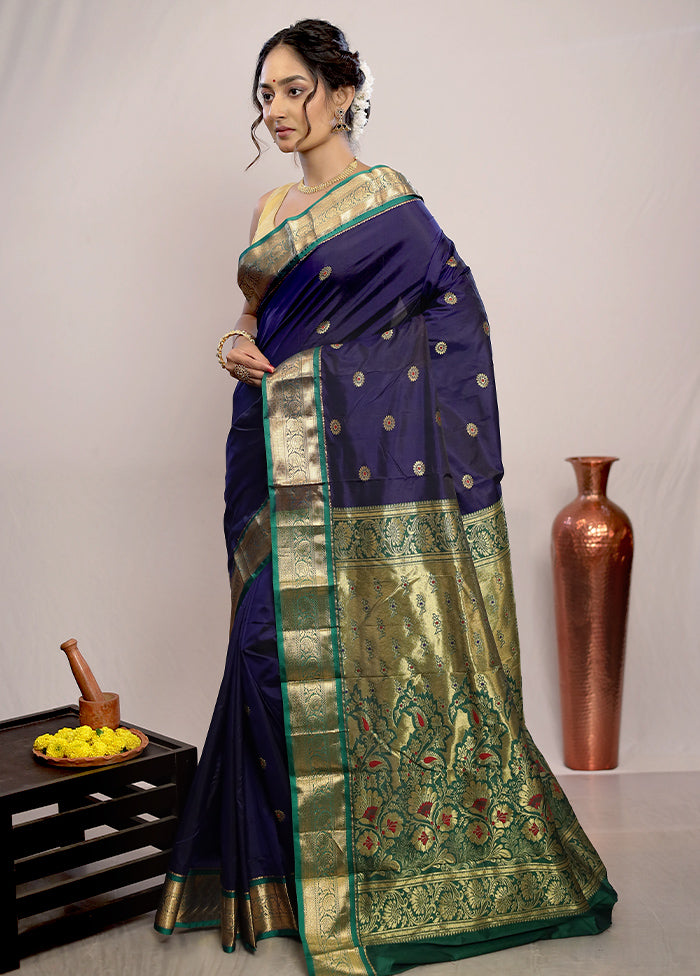 Blue Kanjivaram Silk Saree With Blouse Piece