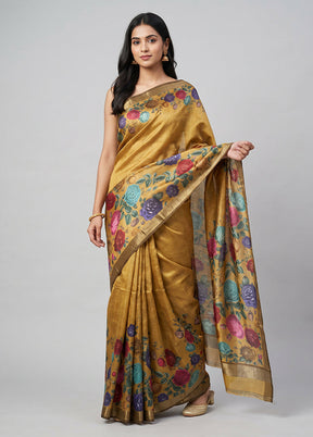 Yellow Handloom Tussar Pure Silk Saree With Blouse Piece