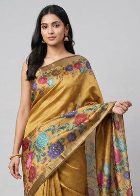 Yellow Handloom Tussar Pure Silk Saree With Blouse Piece