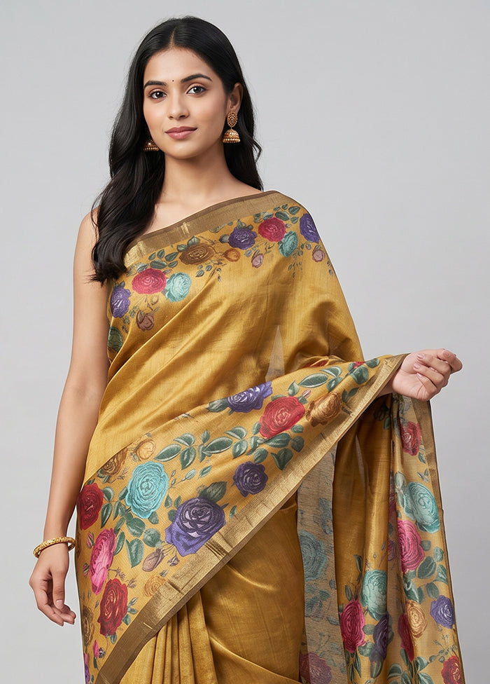 Yellow Handloom Tussar Pure Silk Saree With Blouse Piece