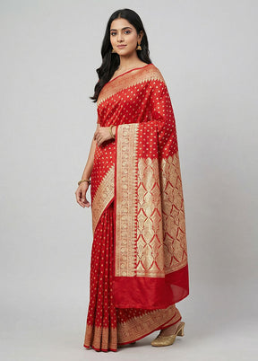 Red Handloom Banarasi Pure Silk Saree With Blouse Piece
