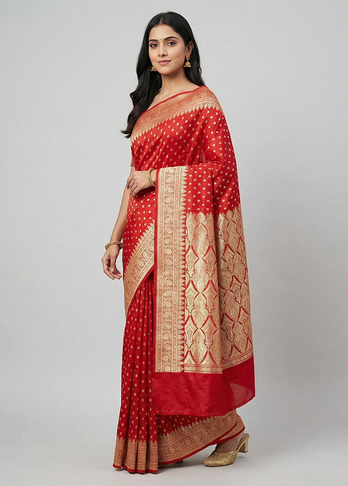 Red Handloom Banarasi Pure Silk Saree With Blouse Piece