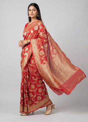 Red Handloom Pure Georgette Saree With Blouse Piece