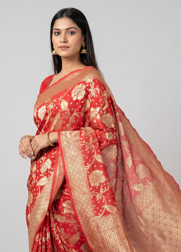 Red Handloom Pure Georgette Saree With Blouse Piece