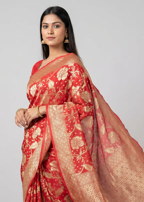 Red Handloom Pure Georgette Saree With Blouse Piece