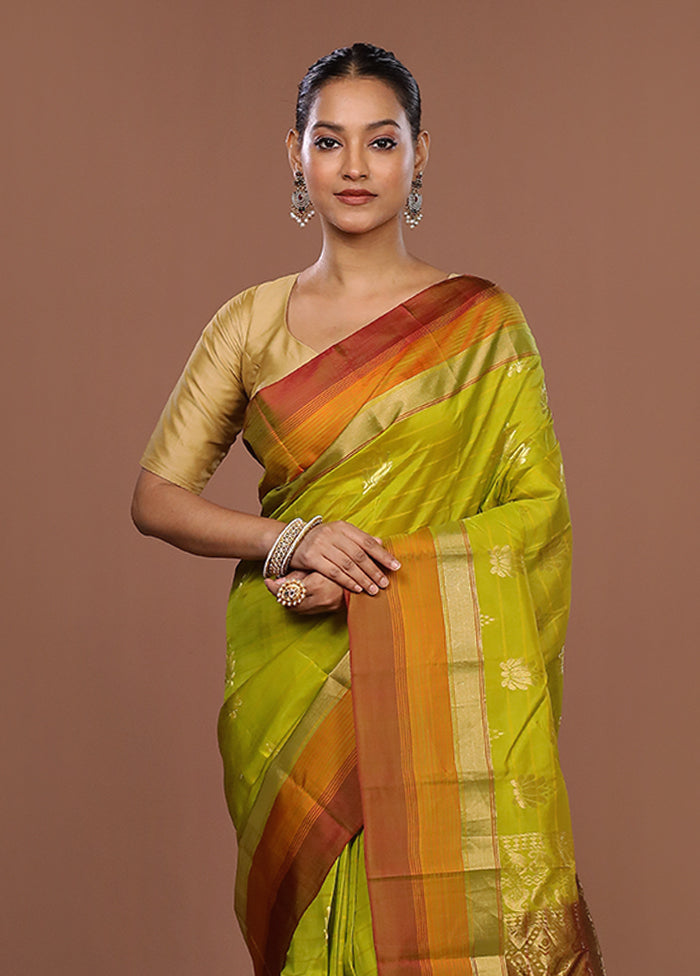 Green Handloom Kanjivaram Pure Silk Saree With Blouse Piece