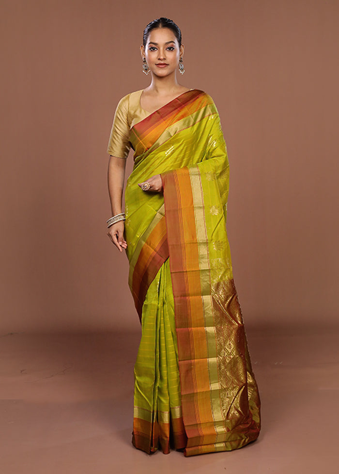 Green Handloom Kanjivaram Pure Silk Saree With Blouse Piece